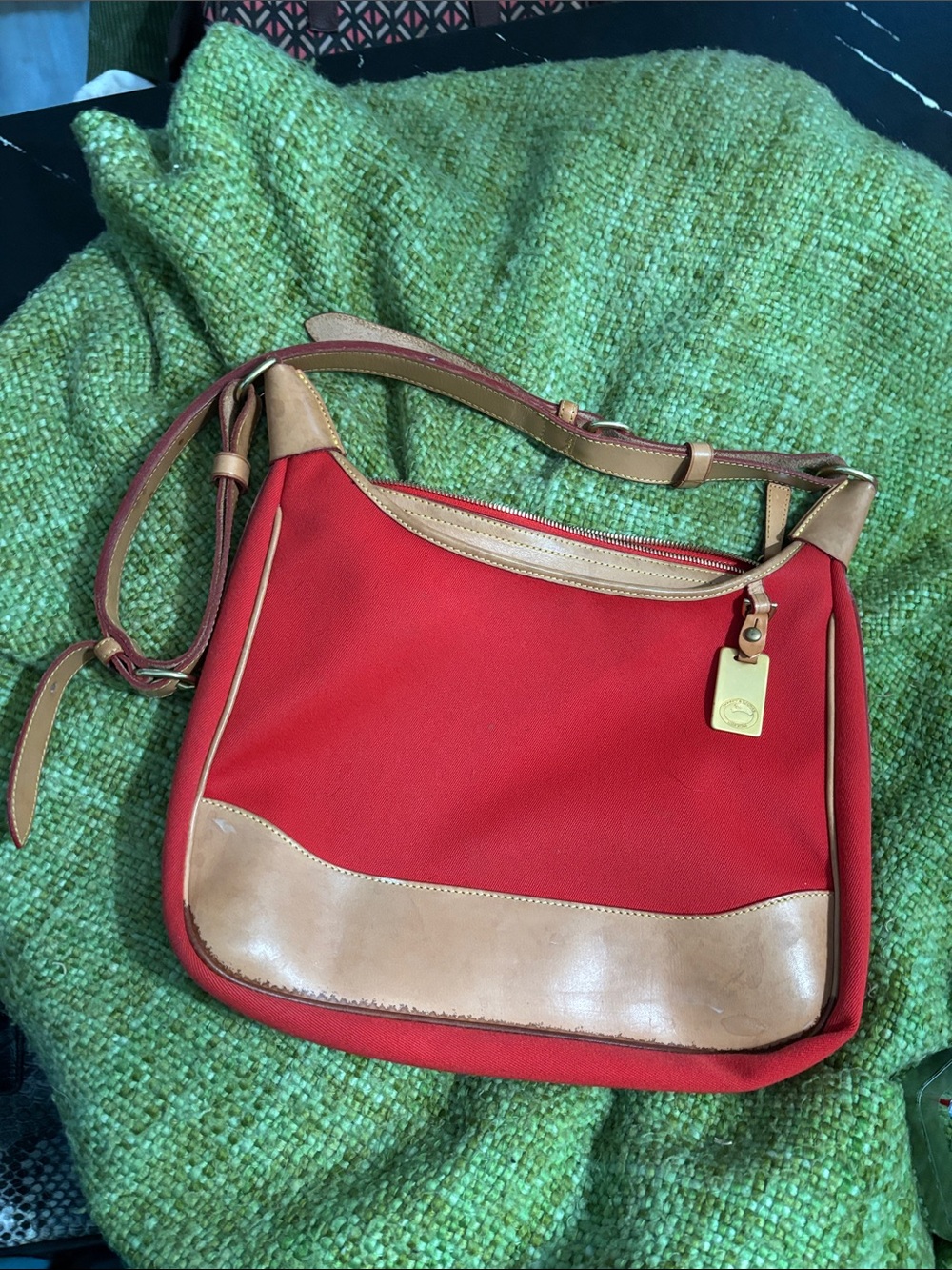 Dooney & Bourke Red Canvas Shoulder Bag with Tan Leather Trim